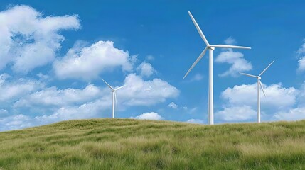 Fototapeta premium The wind turbines on a lush hill, bathed in crisp daylight and set against a brilliant blue sky, represent the power of clean, renewable energy. 