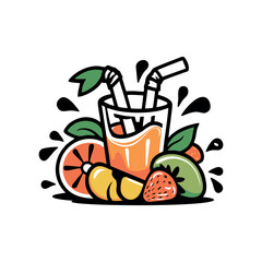 A vibrant and fresh juice logo design showcasing a glass of refreshing juice with fruits like orange, lemon, and leaves. Ideal for juice bars, organic drink brands, health cafes, and fresh beverage co