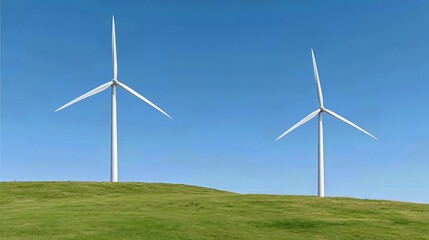 Fototapeta premium The wind turbines on a lush hill, bathed in crisp daylight and set against a brilliant blue sky, represent the power of clean, renewable energy. 