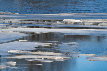 Spring landscape with forest, river and remnants of ice on the water, sunny day