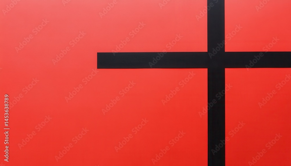 Aufkleber Abstract Red Background with Bold Black Cross Design Minimalist Composition Featuring Geometric Shapes and Contrasting Colors Vertical Lines and Modern Artistic Element