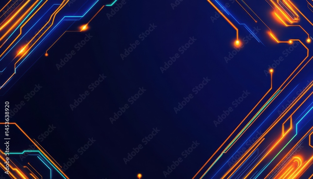 Poster Abstract Technology Circuit Board Background Design with Glowing Blue and Orange Lines Futuristic Digital Elements and Artificial Intelligence Theme