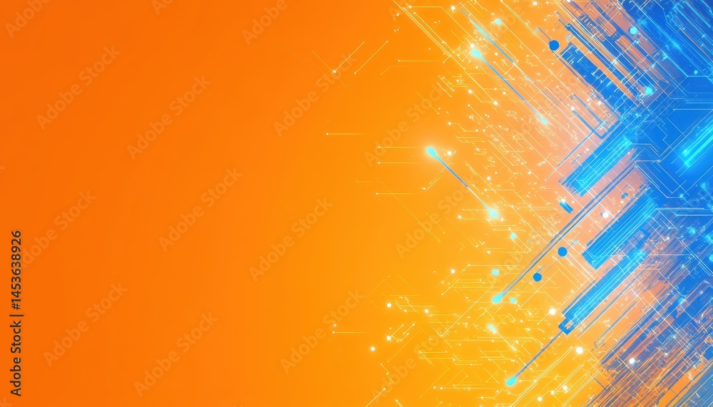 Poster Abstract Techscape with Glowing Blue Lines on Orange Gradient Background Modern Digital Art Futuristic Design for Technology Concepts and Creative Backdrops