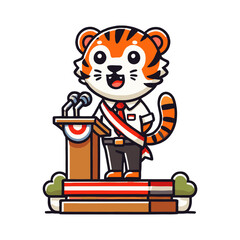 Cute Tiger Cartoon Mascot Giving Speech on Podium with Indonesian Flag Theme