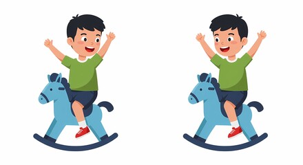 Fototapeta premium Joyful childhood adventures: Energetic boys riding blue rocking horses with open arms, radiating playful exuberance against a clean white backdrop