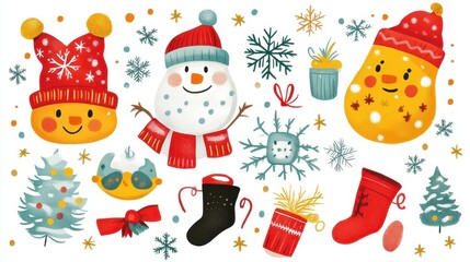 Festive winter characters and objects; holiday design elements; white background; for cards