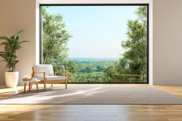 Modern contemporary style living room with large window overlooking nature view 3d render