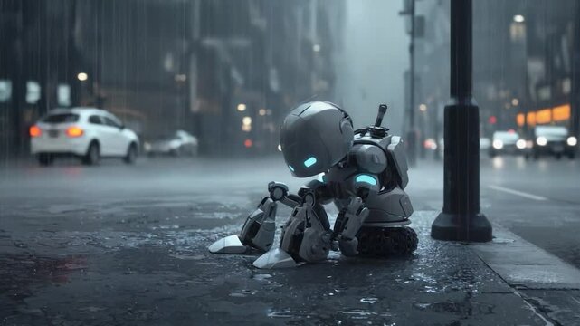Sad robot sits on city street in rain. Possible stock photo
