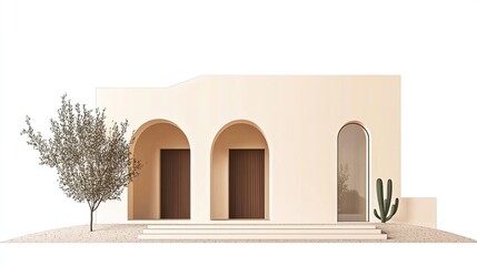 Beige, arched entryway home with desert landscaping