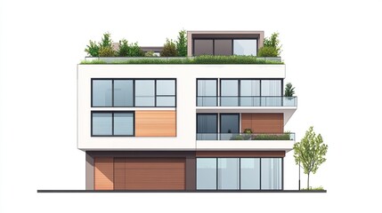 Modern apartment building facade with rooftop garden and balconies