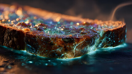 Rustic sourdough toast on obsidian slate with bioluminescent gel glowing electric teal ultraviolet and magenta hues