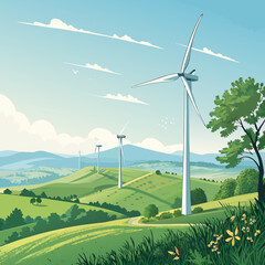 Wind turbines in a scenic landscape with green hills and blue sky