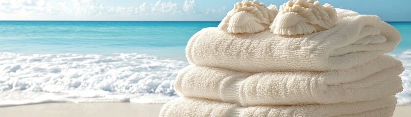 Soft, fluffy towels stacked by the beach