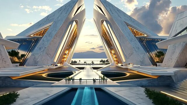 Modern architectural marvels with angular designs reflecting the sunset over water