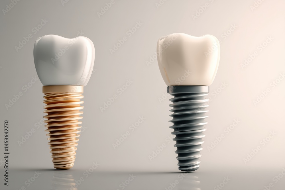 Poster Floating 3D Model Representation of Tooth Implant Assembly Showcasing Soft Shadows and Intricate Details in Dental Technology Generative AI
