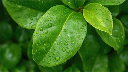 A lifelike close-up image of a vibrant green leaf adorned with glistening water droplets, capturing the delicate details of nature's beauty.
