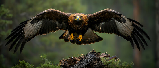 Naklejka premium Golden Eagle Soaring Above Forest
