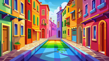 Fototapeta premium A rainbow street in Venice's heart, Each home a brushstroke, bold and smart. Burano beams in pastel pride, A dreamy walk on the vibrant side.