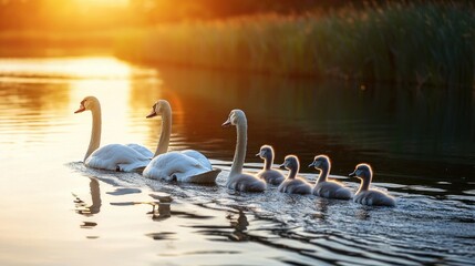 Majestic swans and cygnets at golden sunset on a tranquil lake