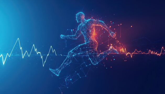 Abstract Digital Runner with Energy Particles and Waveform on Blue and Red Background Depicting Motion and Speed