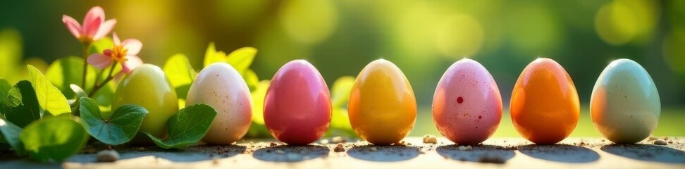 Colorful eggshells, spring greenery, sunny patio, eggs, table, tulips