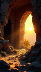 Empty tomb bathed in golden sunrise light, Easter scene, redemption, grave, texture