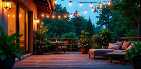 Evening terrace, string lights illuminate lush potted plants , illumination, ambiance