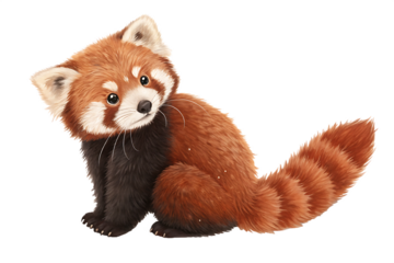 A red panda sitting and looking to the side with a fluffy tail on a transparent background