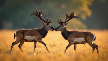Fallow deer battle; locked antlers, aggressive postures, mammals, stag