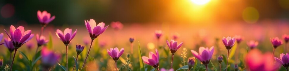 Golden hour light bathes a vibrant pink and violet wildflower meadow  ,  nature scene,  tranquil,  summer nature