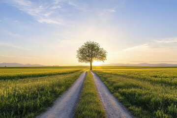 serene landscape featuring solitary tree at sunset, surrounded by lush green fields and dirt path leading into horizon