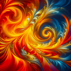 Energetic abstract background with swirling patterns of vibrant orange and yellow, interspersed with subtle leaf-like shapes. Dynamic and organic feel.