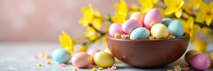 Pastel chocolate & sugar Easter eggs, forsythia blossoms in bowl , Easter, festive