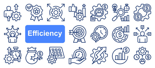 Efficiency icon collection set. Containing productivity, optimization, resource utilization, effectiveness, streamlining, lean processes, time management, cost icon. Simple line vector