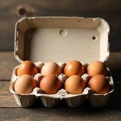 Rustic brown eggs in carton, weathered wood backdrop, still life, baking