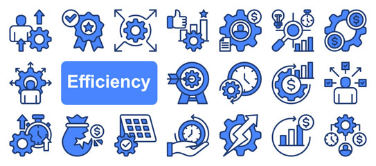 Efficiency icon collection set. Containing productivity, optimization, resource utilization, effectiveness, streamlining, lean processes, time management, cost icon. Simple line vector