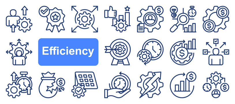 Efficiency icon collection set. Containing productivity, optimization, resource utilization, effectiveness, streamlining, lean processes, time management, cost icon. Simple line vector