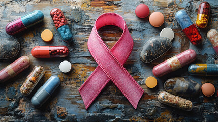 Pink ribbon surrounded by various pills and stones on a rustic wooden surface, symbolizing healthcare and awareness