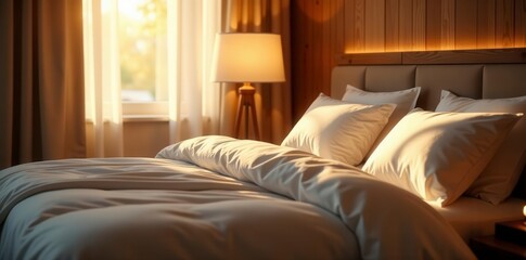 Soft glow illuminates plush bedding, warm wood tones , warm light, golden hour