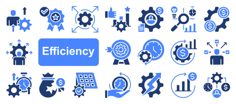 Efficiency icon collection set. Containing productivity, optimization, resource utilization, effectiveness, streamlining, lean processes, time management, cost icon. Simple flat vector