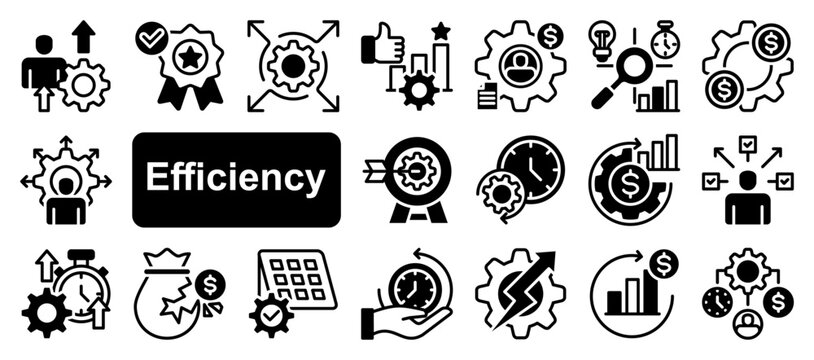 Efficiency icon collection set. Containing productivity, optimization, resource utilization, effectiveness, streamlining, lean processes, time management, cost icon. Simple flat vector