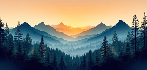 Obraz premium Mountain vista at sunrise through a misty forest.