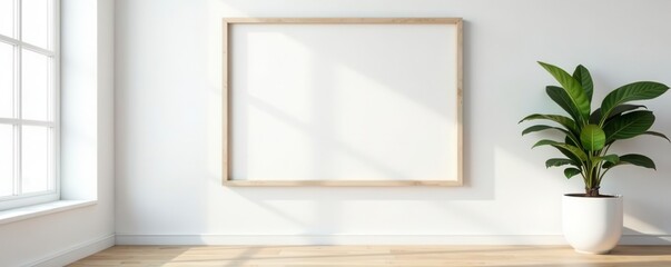 Blank white wooden frame on white wall Minimalist interior design , photography, hanging, template