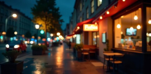 Abstract light trails, blurred nighttime cafe exterior with warm, inviting glow, luminous, glass, bright