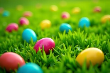 Brightly colored Easter eggs scattered across a lush green lawn , holiday, season