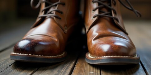 Close-up of weathered brown leather boots; deep creases, visible stitching, shoes, damage, handmade