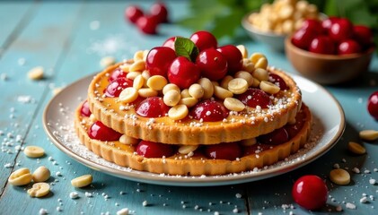 Colorful festive dessert platter, cherries & nuts galore!, pastries, bakery