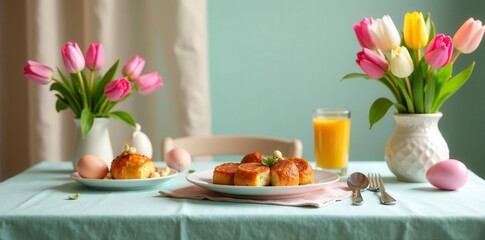 Decorated table with Easter brunch, pastel tablecloth, spring flowers, celebration, Easter, table