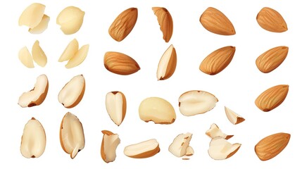 Obraz premium Whole and halved almonds are clearly displayed on a white background, showcasing their texture and shape. This image, created with generative AI, highlights the almonds in an isolated setting, allowin
