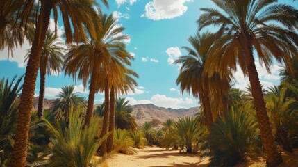 Obraz premium Explore a vibrant pathway lined with tall palm trees under a clear blue sky. Nature thrives in this desert oasis, inviting adventure and tranquility. Generative AI